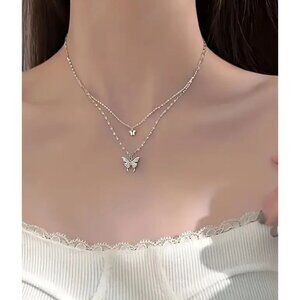 Double-Layer Butterfly Necklace Charm in Silvery/Golden